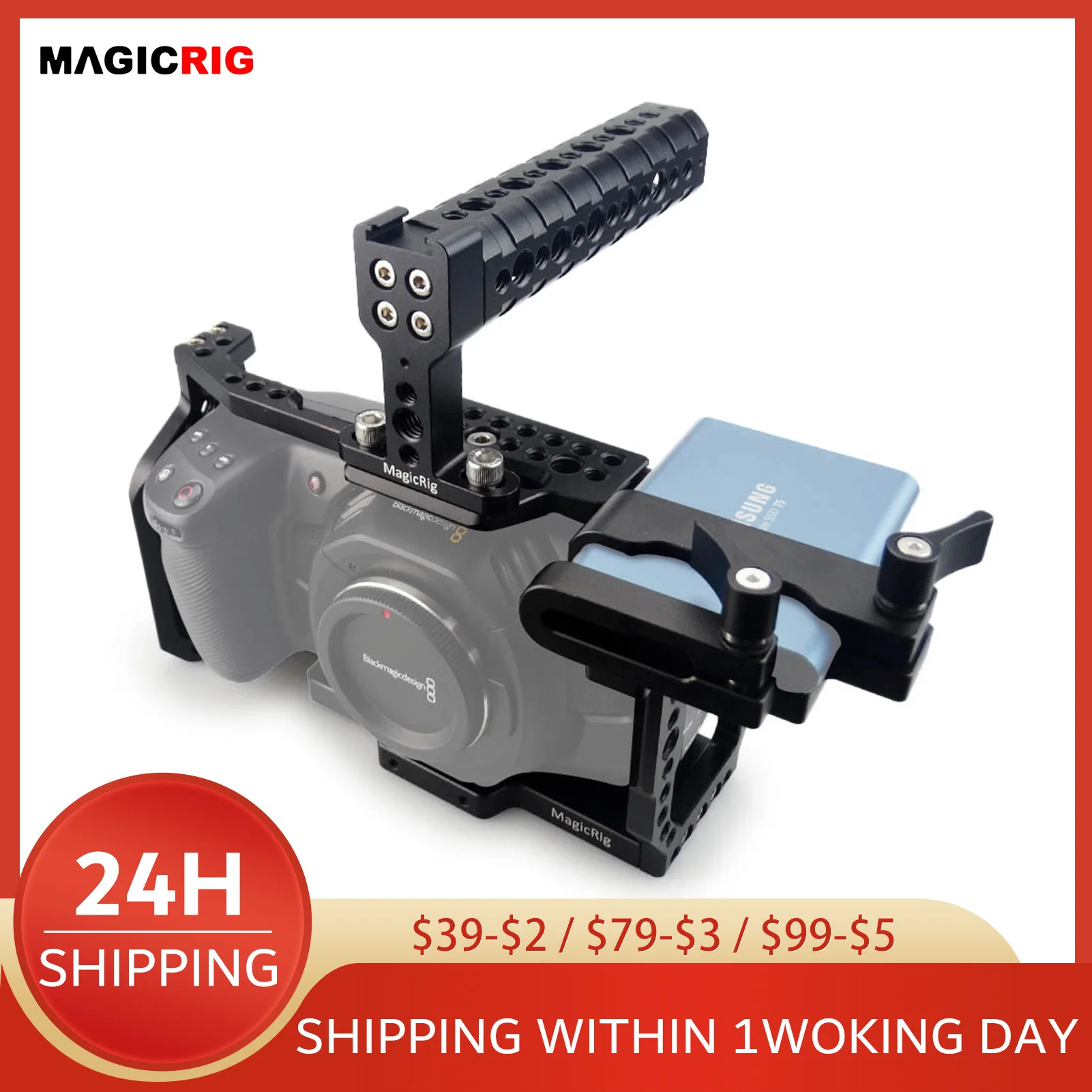 MAGICRIG Full Camera Cage With Cold Shoe, NATO Rail, Top Handle, T5 SSD Mount Clamp for Blackmagic Pocket Cinema Camera 4K & 6K