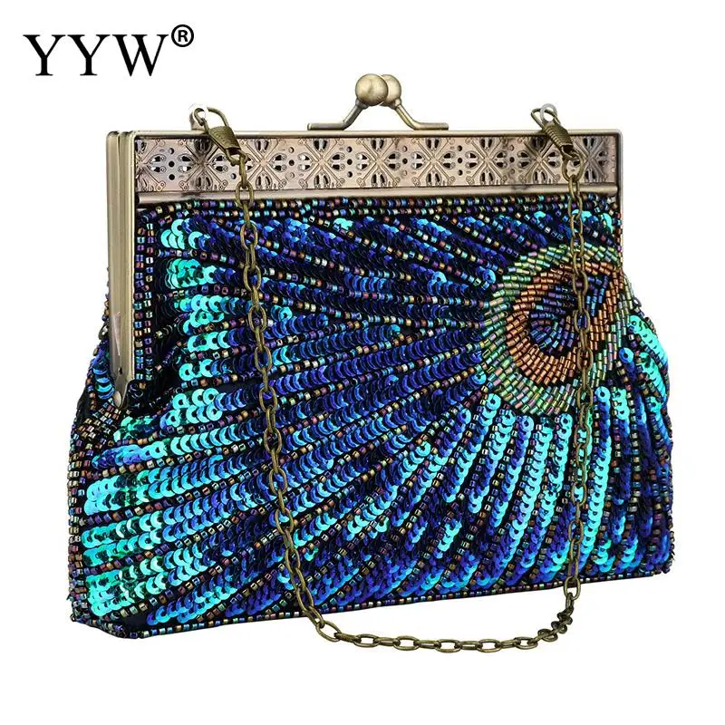 Luxury Antique Peacock Blue Evening Wedding Clutch Purse Women Sequin Beaded Party Cocktail Handbag with Metal Chain Soft Bag 1pc 8 large sequin unicorn ribbion bow headbands glitter print flower hair bow with hair bands boutique girls hair accessories