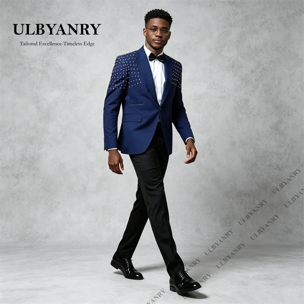 ULBYANRY Made-to-Order Two Piece Suit Set for Men, Navy Jacket with Crystals and Black Pants, XXS-7XL Wedding Groom Tuxedo