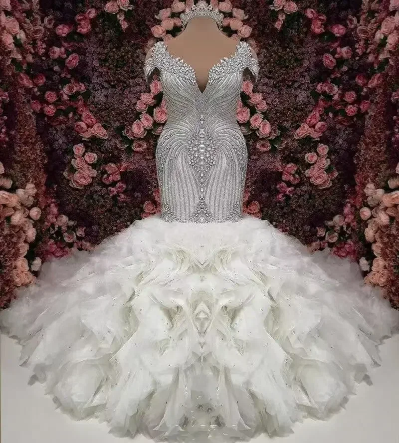 Gaun Pengantin Model Putri Duyung Afrika dengan Rok Tutu Berhias Rhinestone dan Renda