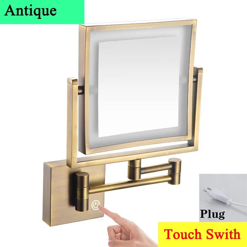 Square Touch Led opvouwbare badkamerspiegel 3x vergrotende badkamer make-upspiegels Accessoires Wandmontage Touch on badspiegels