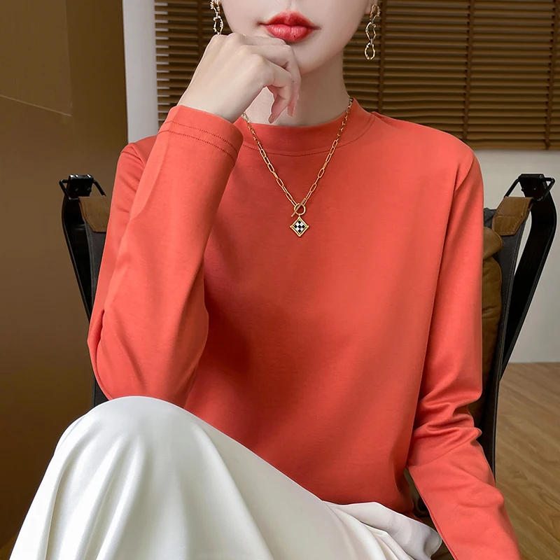 Spring and Autumn 100% Cotton Half-high Neck Long Sleeve Bottom Shirt Women's Combed Cotton Middle Neck Loose Shoulder T-shirt