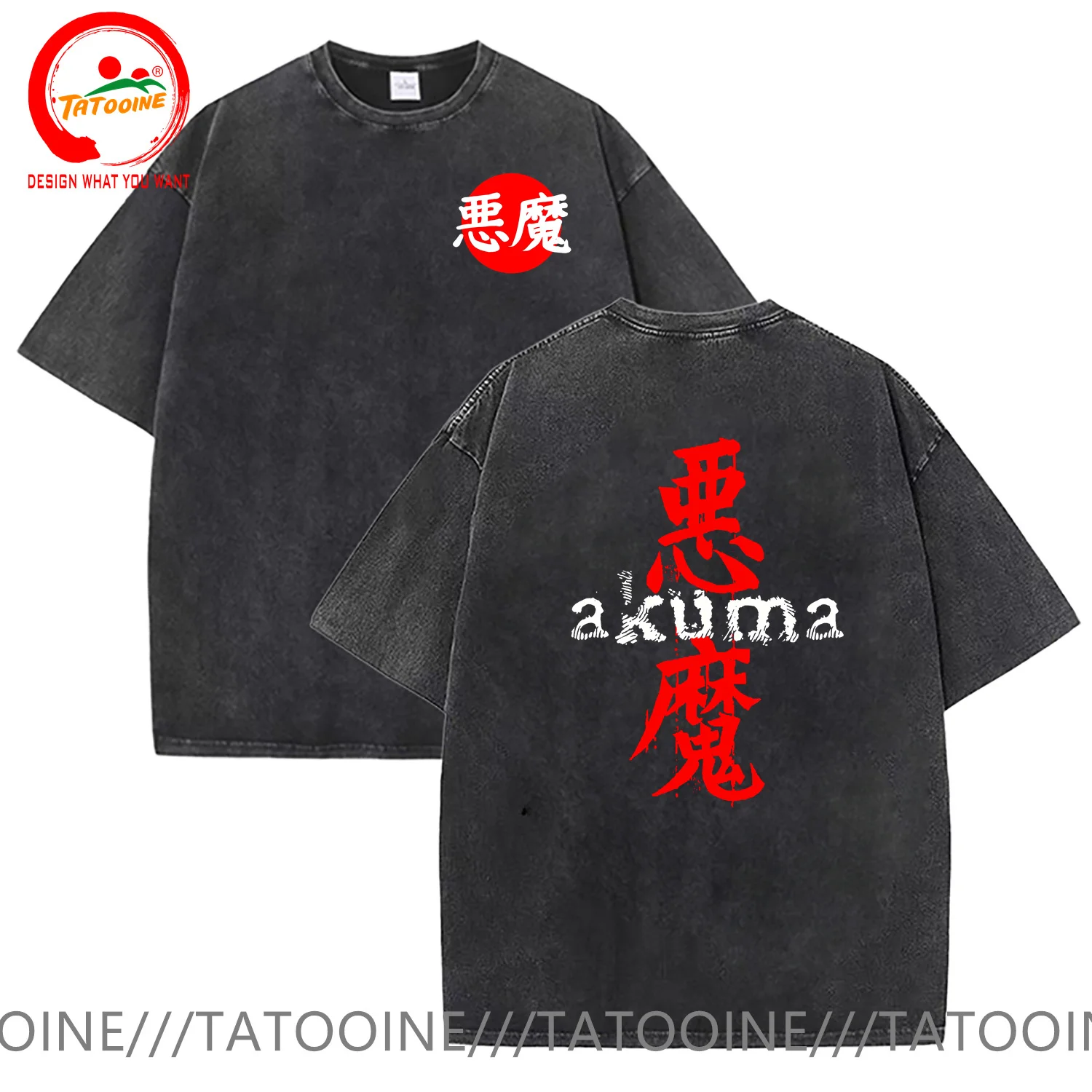 

Vintage Washed Cotton T-Shirt Akuma Kanji T Shirt Men Fashion Trendy Tee Shirt Stylish Casual Clothes tshirt Streetwear T-Shirts