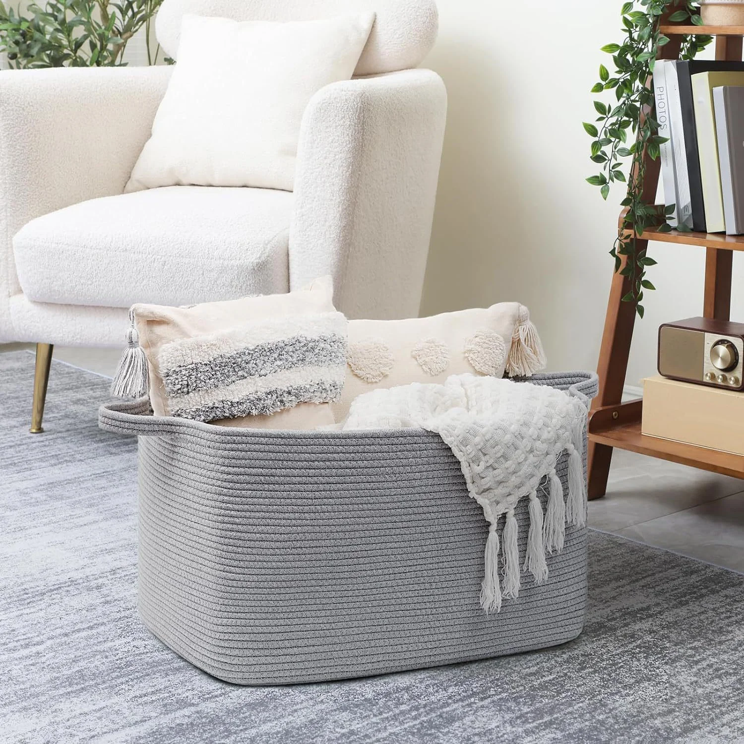 

Woven Rope Storage Basket - 18.9"x13.4"x11" Rectangular Laundry Hamper for Blankets, Towels, Clothes & Toys, Durable Machine