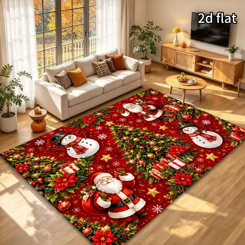 2D Flat Christmas Santa Snowman Area Rug, Red Background Xmas Tree Gift Poinsettia Snowflake Print, Floor Decor for Bedroom