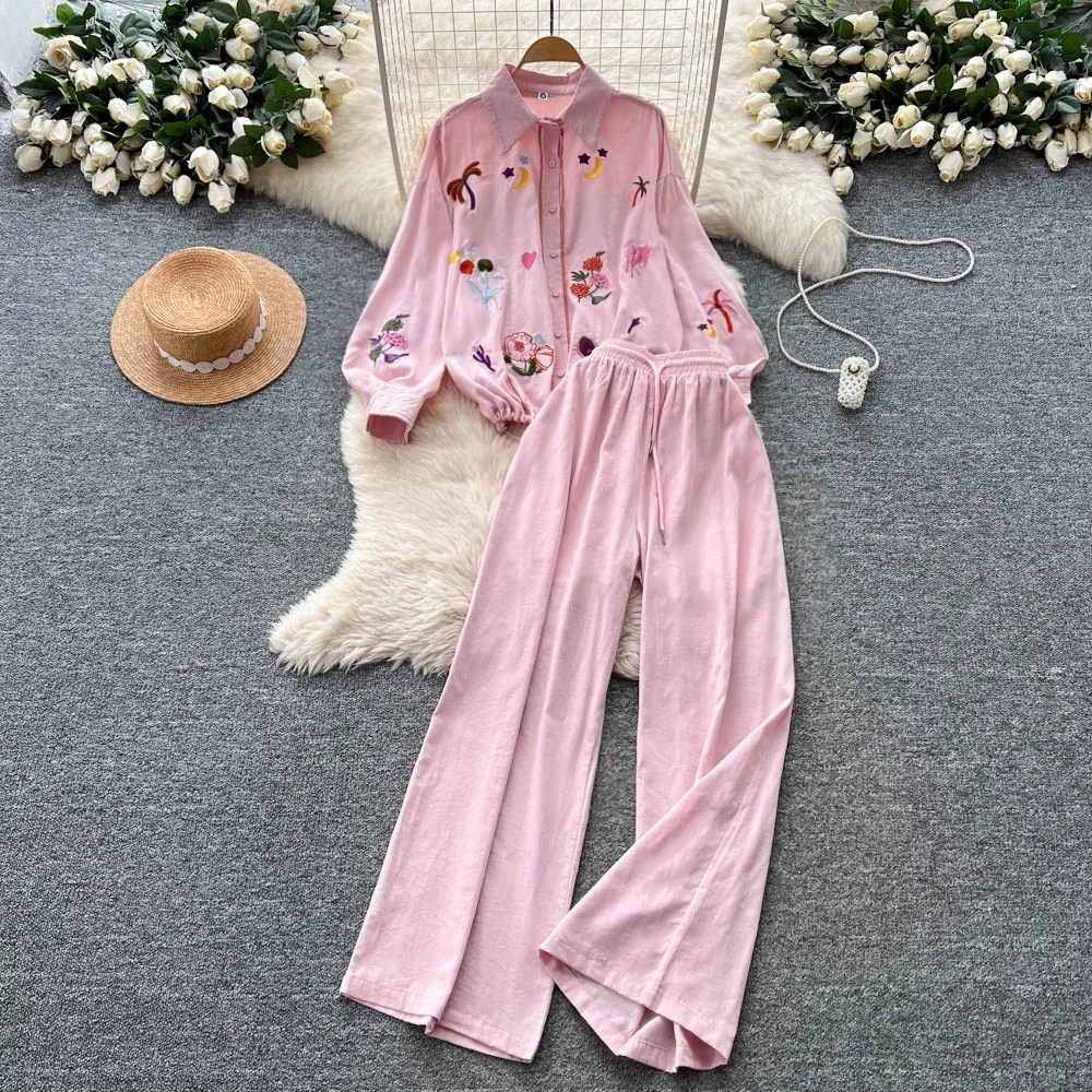 

Clothland Women Sweet Floral Embroidery Blouse Pants Suit Long Sleeve Shirt Wide Leg Trousers Casual Two Piece Set TA683