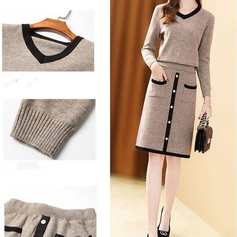 Autumn Winter Two Pieces Sets Korean Fashion Women V-Neck Sweater Elastic High Waist Button Pocket Short Skirts Temperament Suit