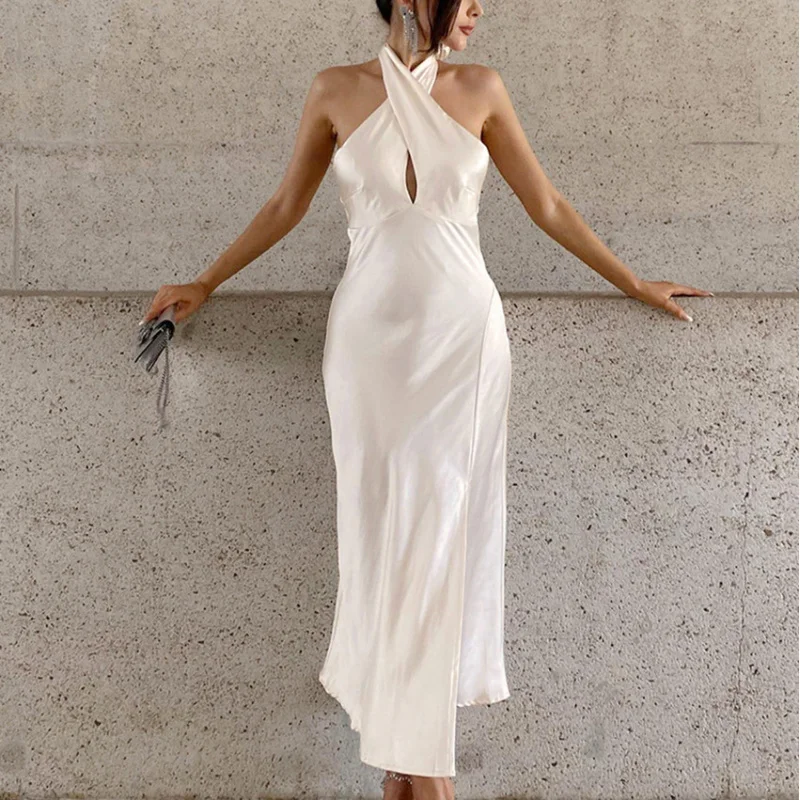 

New Summer Minimalist Style White Dress Long Dress Backless Halter Sleeveless Dress Women's Fashion