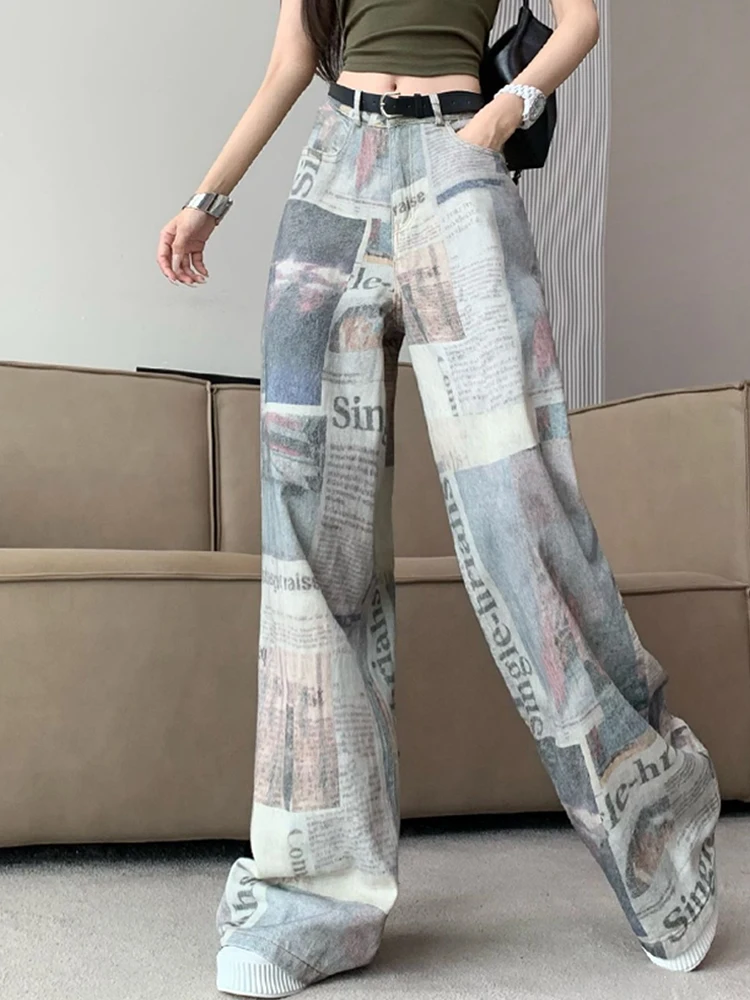 American style printed wide leg jeans women slim fit high waisted hanging feeling straight leg floor length pants