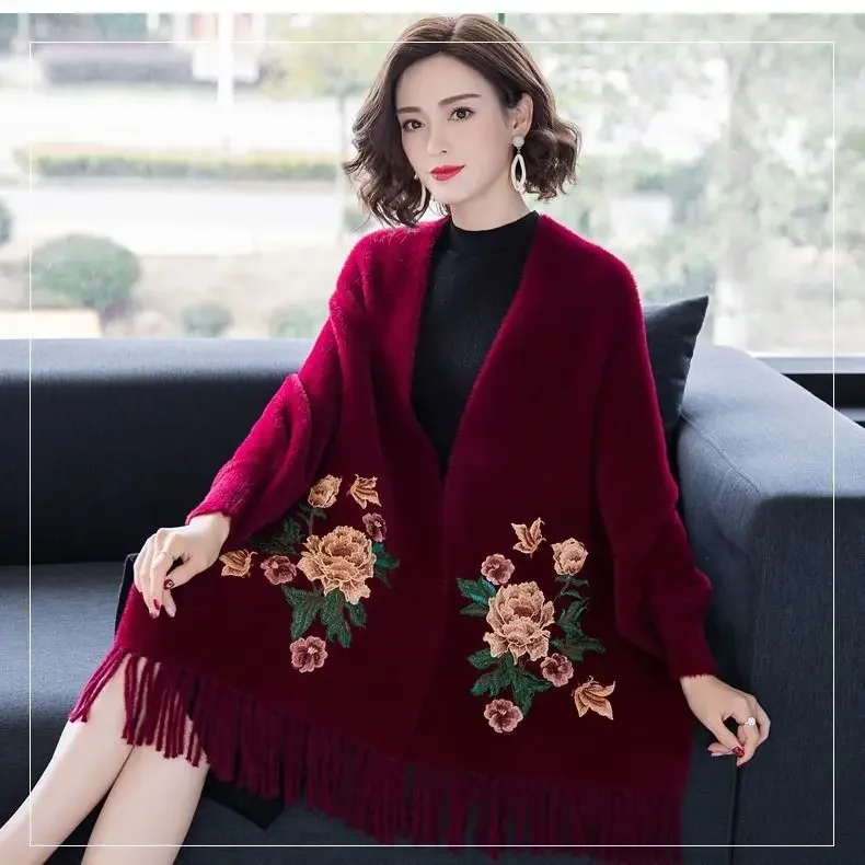 Thêu Tua Rua Dệt Kim Khăn Choàng Nữ Tay Dài Cardigan Dày Cao Cấp Ấm Áo Khoác Áo Len Đuôi Nơ Nữ Thu Đông SA547