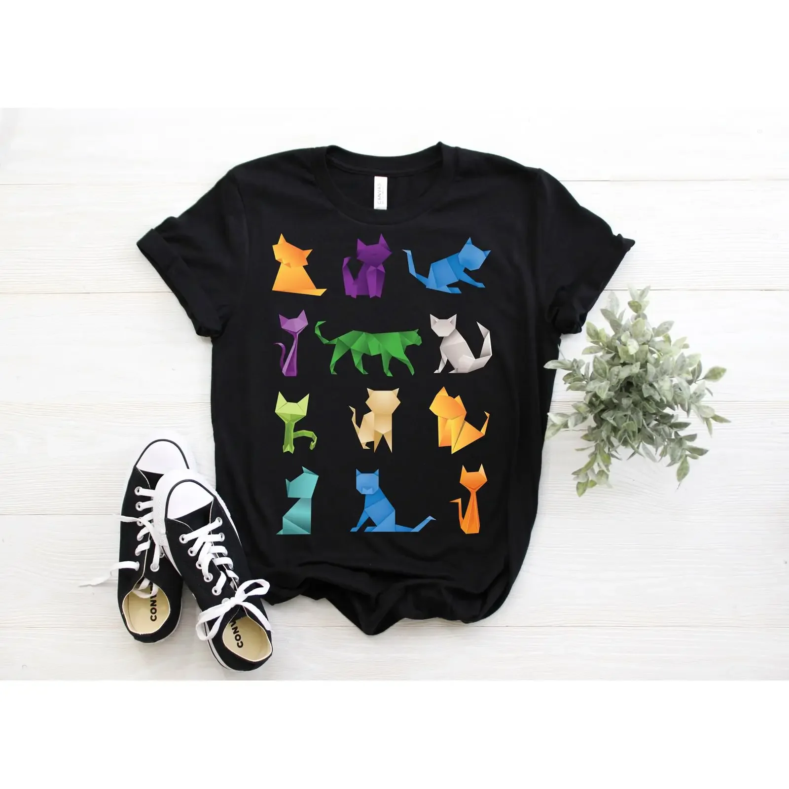 Origami Cats T Shirt Colorful Paper Folding Art Japanese Culture Cat Lover  vintage Washed Versatile Casual streetwear