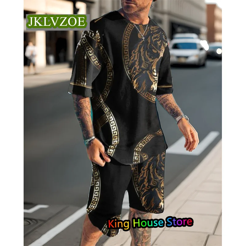 Men's 2 Piece Set Tracksuits 3d Tiger King Print Short Sleeve Tshirt Shorts Set Sport Casual Male Oversized Clothing Streetwear