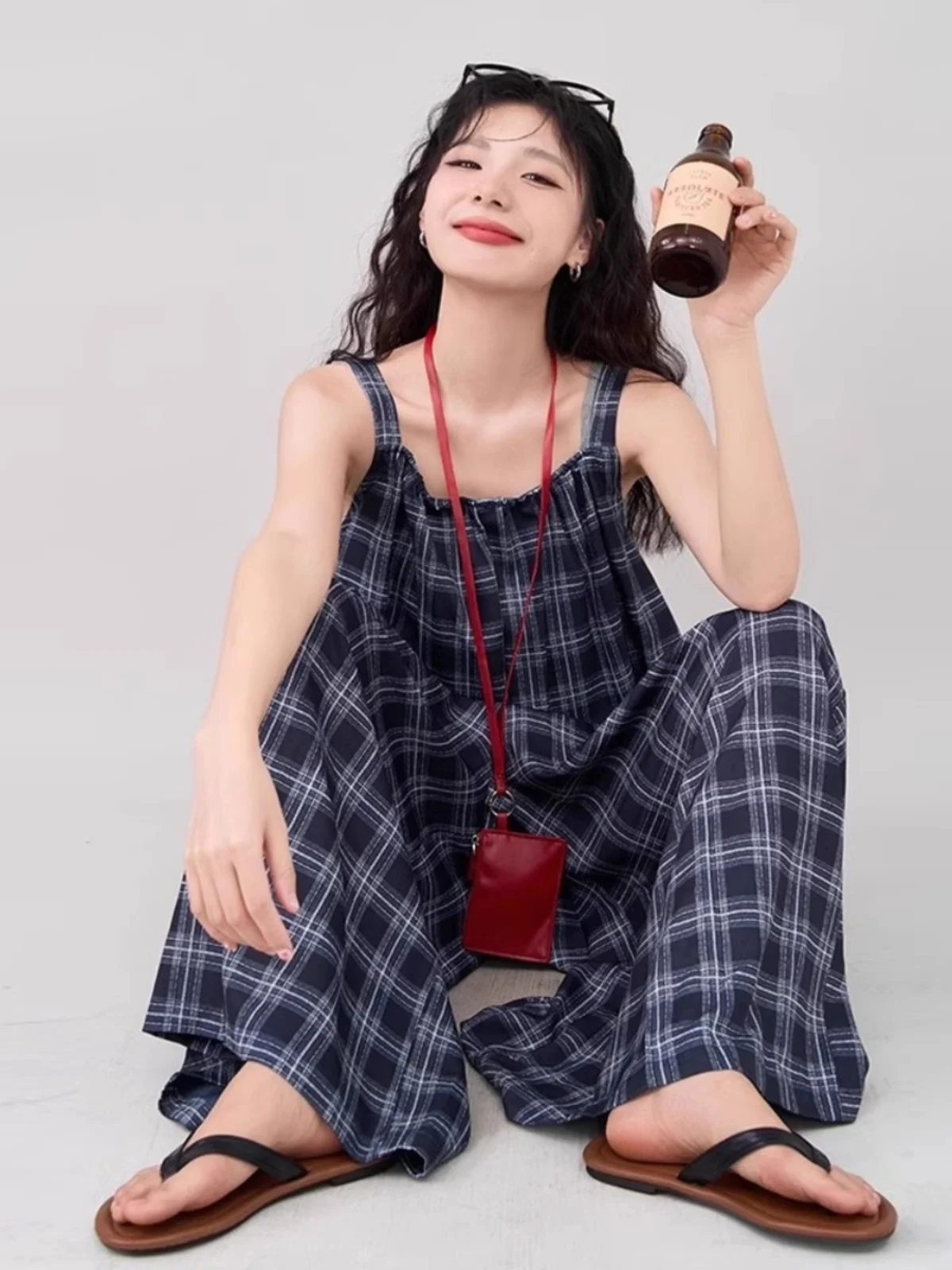 Stylish Retro One-Piece Pants Women's Spring Summer New White Square Collar Plaid Strap Wide Leg Pants High Waist Long Pants