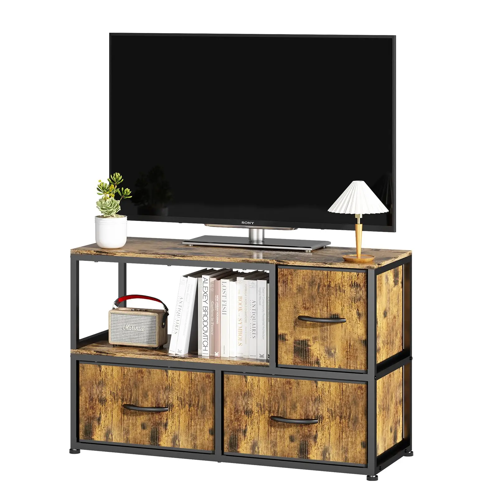 

Industrial TV Stand for 55 Inches TV, Deformable TV Console Table, Entertainment Center with Storage Fabric Drawers, 3 Tier Dres