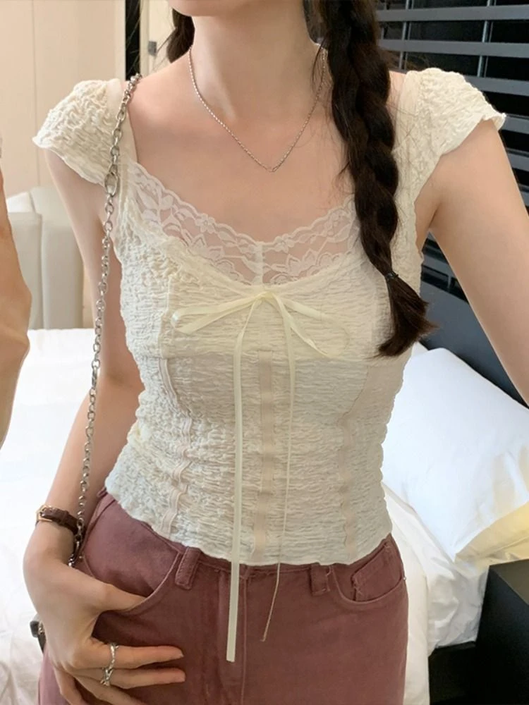 달콤한 프랑스어 우아한 티셔츠 미국 패션 Y2K 자르기 탑 반팔 티셔츠 여성 레트로 밀레니얼 핫 걸스 스트리트 의류