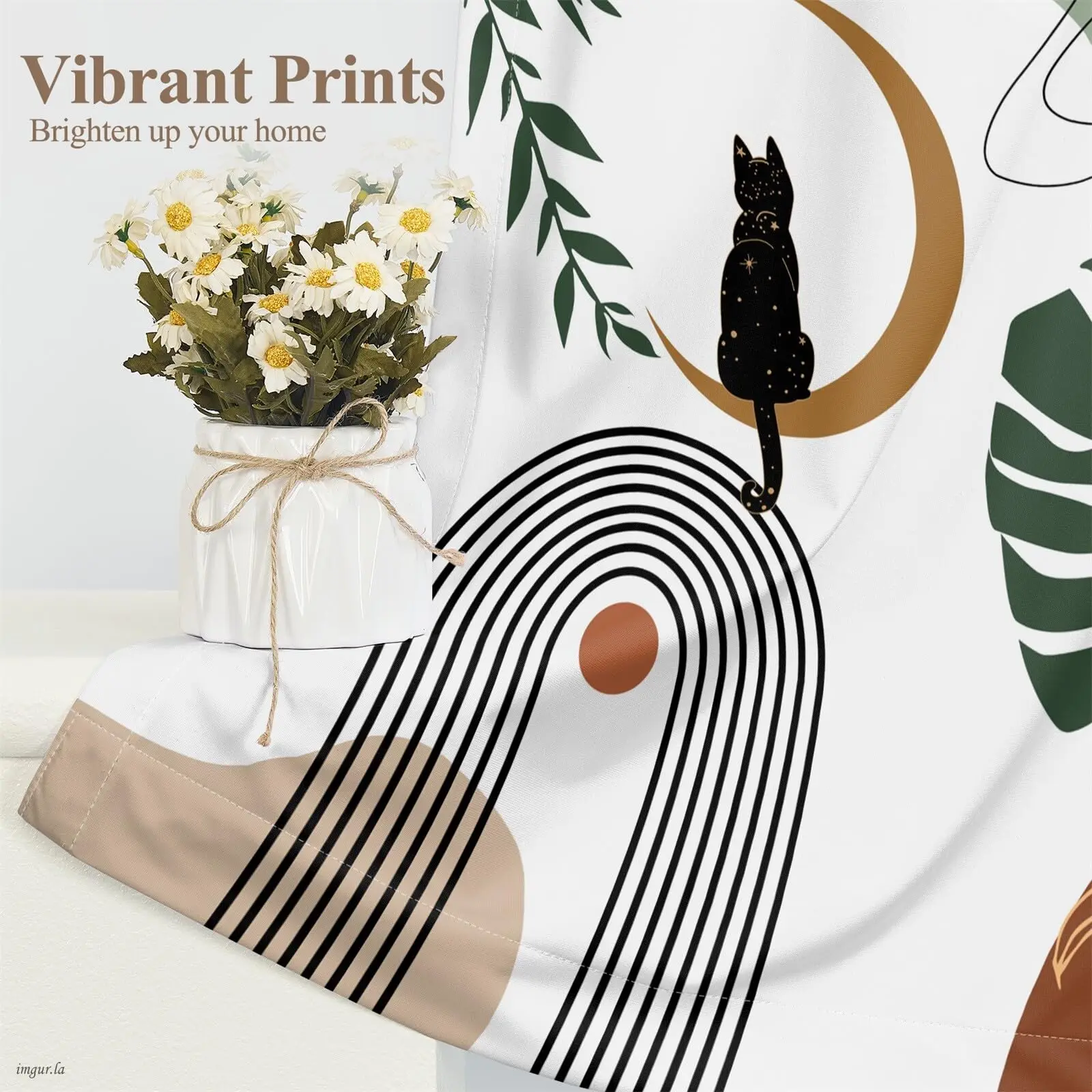 42 x 108 Inch Minimalist Art Curtains Tropical Palm Leaf Black Cat Moon Window Tiers Modern Abstract Arch Short