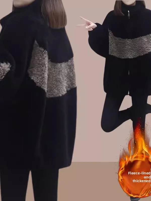 

plus Size Lamb Fur Sweatirt ort Thi Warm Outerwear Cardigan Top Korean Sle Winter Jaet High Waist Long Sve Zipper