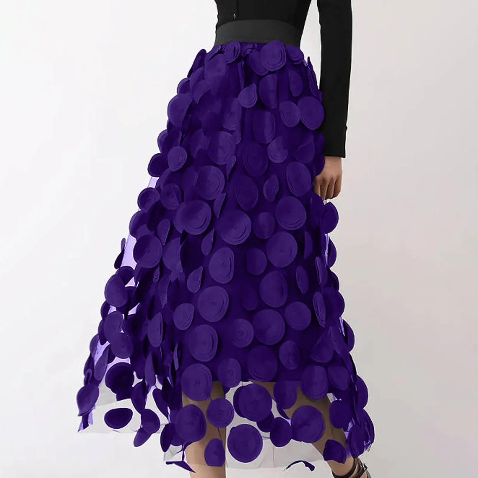 

New Big Swing Three-dimensional Polka Dot Yarn Skirts Vintage A Line Skirt Solid Color High Waist Versatile Half Length Skirts