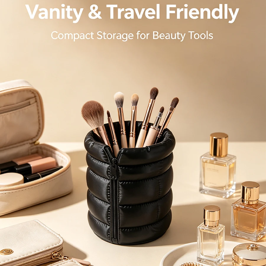 Multifunctional Quilted Puff-Style Brush Storage Tube, 3D Printed Black Desktop Storage Box, Can Hold Makeup Brushes, Pens, Pencils, Suitable for Dorms, Offices, Study Rooms, and Dressing Tables