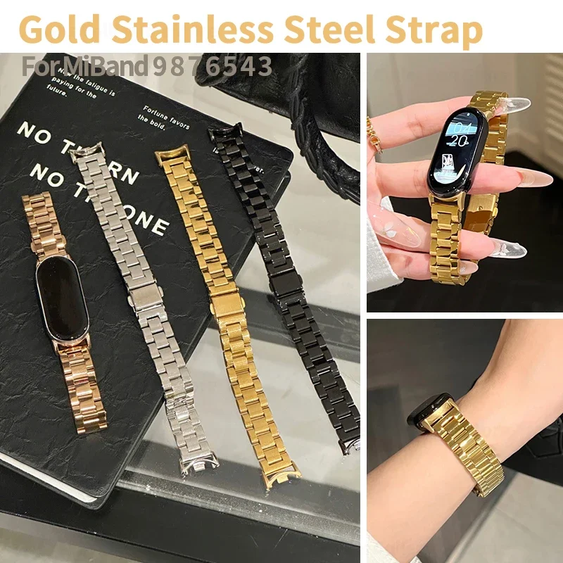 Gold Stainless Steel Strap for Xiaomi Mi Band 9 8 7 6 5 4 Metal Watchbands Smart Watch Bracelets for Miband 6 Correa Accessories