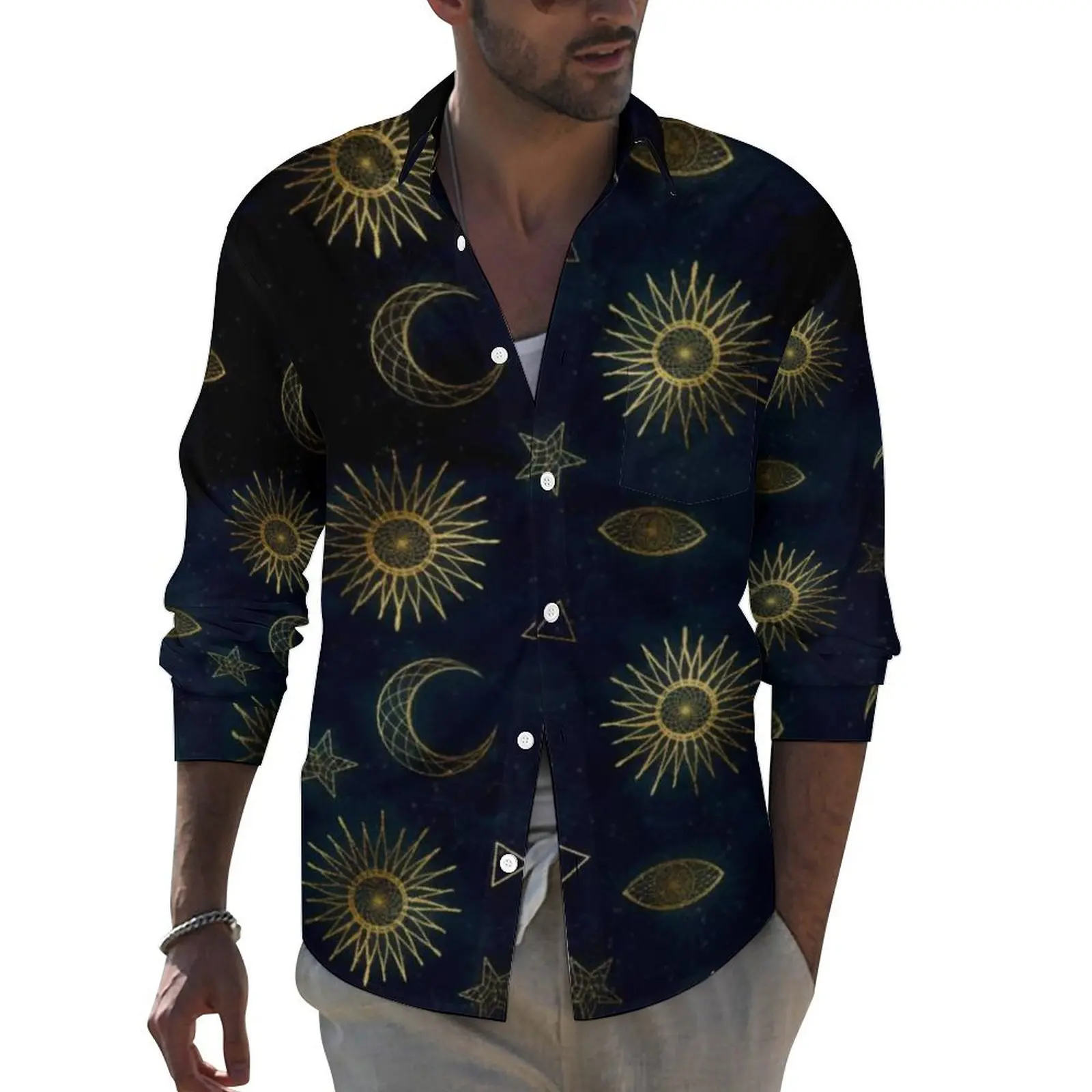 Magical Symbol Shirt Autumn Gold Moon Sun Stars Casual Shirts Man Fashion Blouses Long Sleeve Aesthetic Clothes Plus Size