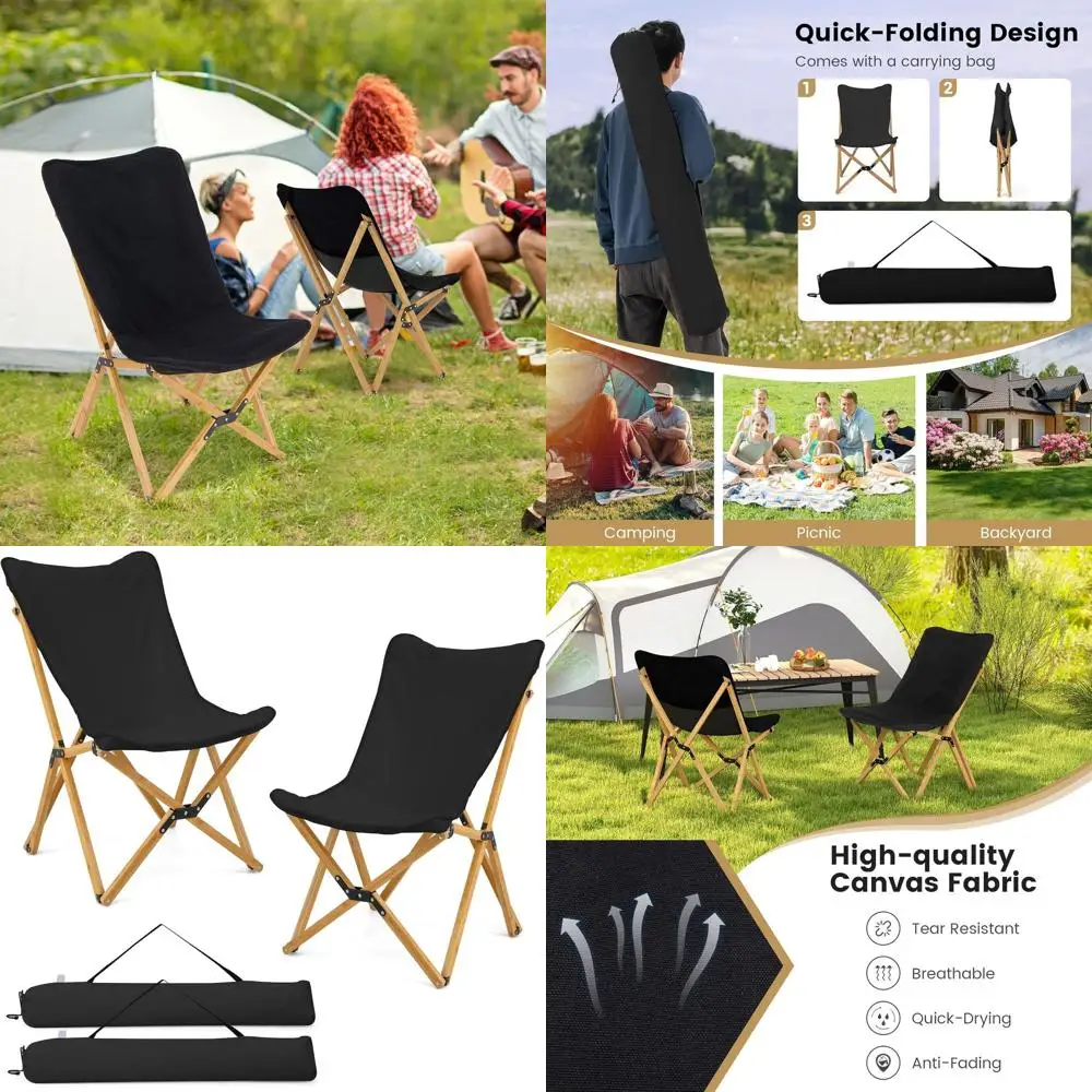 

Camping Chairs 2 Pack, Portable Folding Lawn Chair with Solid Bamboo Frame, Ultralight Canvas Seat, Back Pocket, Carrying Bag, O