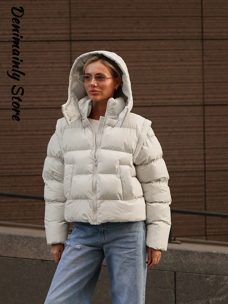 Vintage Women's Removable Sleeves Hooded Cotton Padded Coat Solid Loose Zipper Pockets Cropped Coats 2026 Winter Lady Jacket New