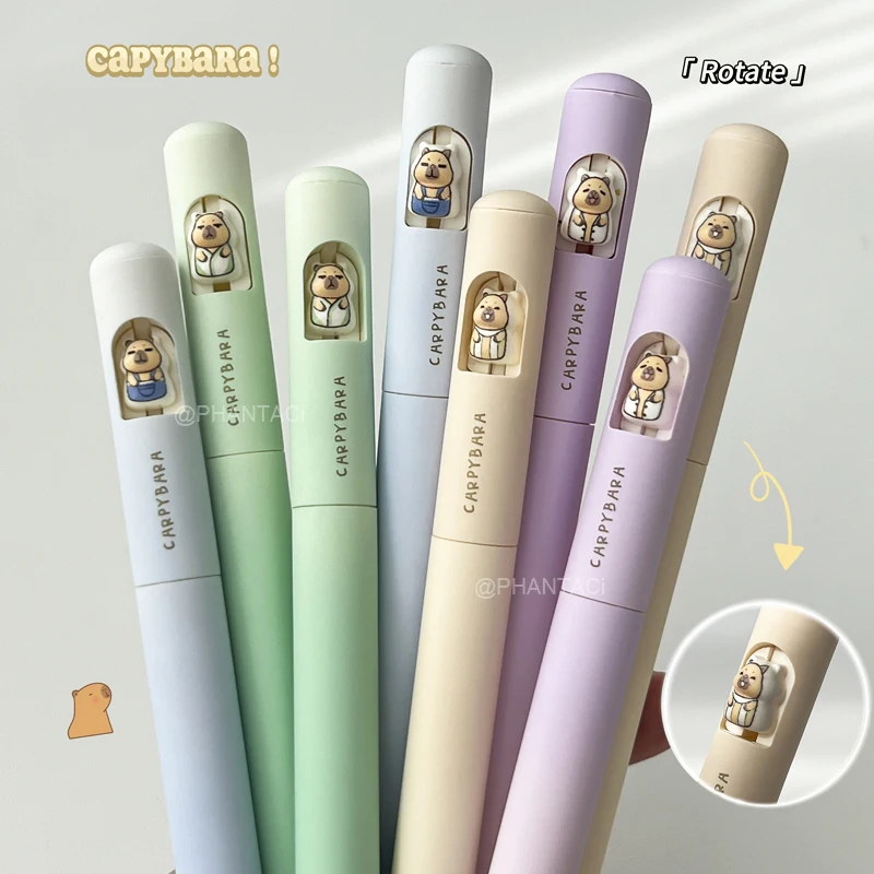 Conjunto de 4 Canetas Gel Criativas de Capivara 0.5mm Caneta Gel Retrátil de Secagem Rápida Caneta Preta para Escritório Caneta com Corpo em Gradiente