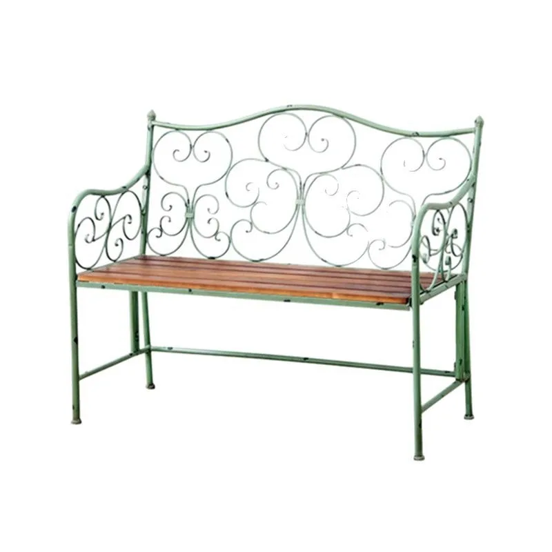 Wrought iron retro garden double strip wooden chair, rural outdoor park leisure chair, courtyard terrace backrest balcony bench
