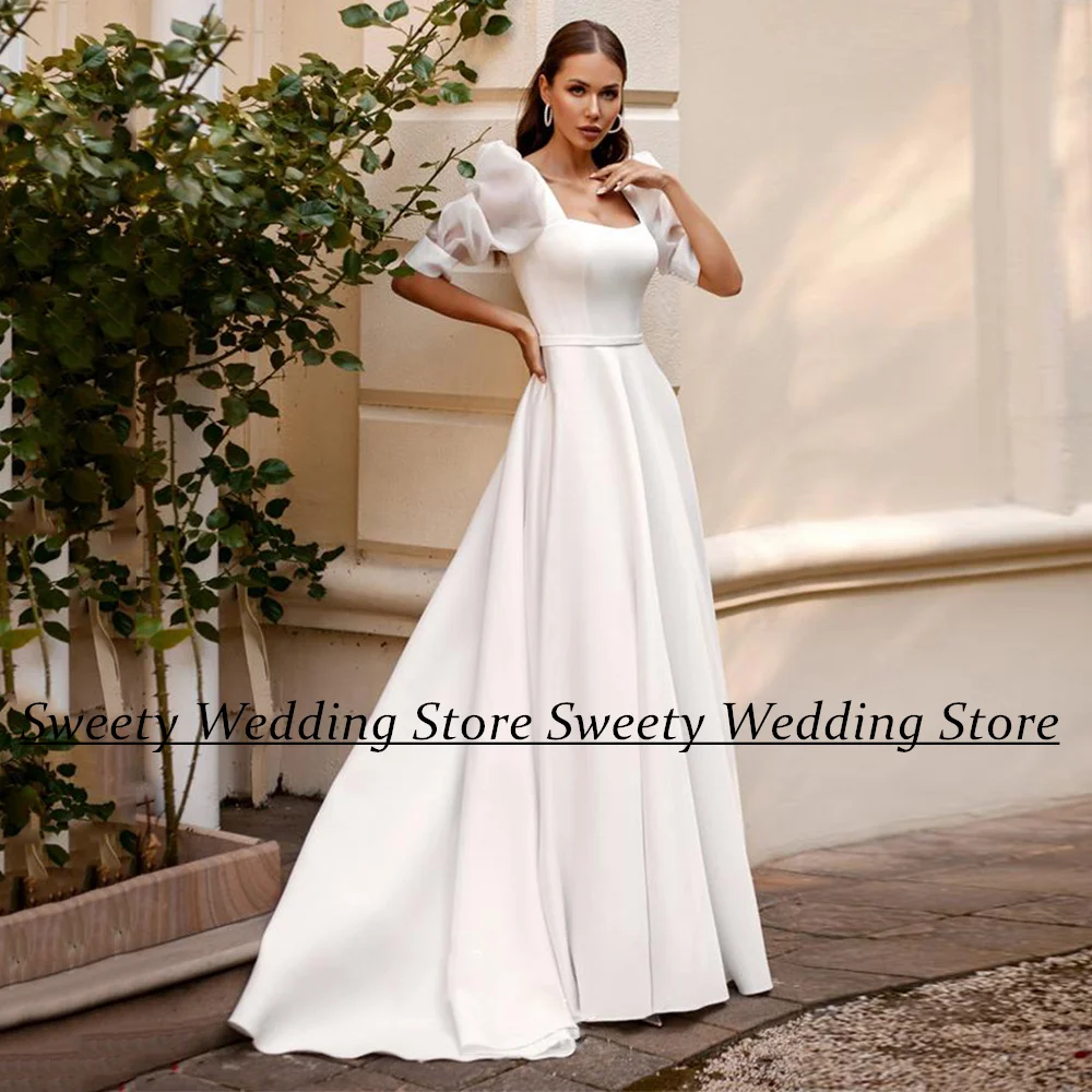 

Jiayigong Simple Wedding Dress Short Sleeves Square Neck Sweep Train A Line Women Bride Bridal Gown Vestido De Noiva