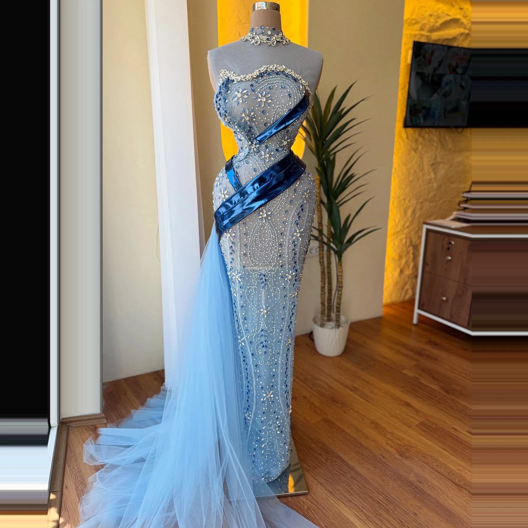 

Customized Blue High Neck Mermaid Prom Dress Lace Illusion Evening Dress Sleeveless Crystal Beaded Birthday Party Dress 2025