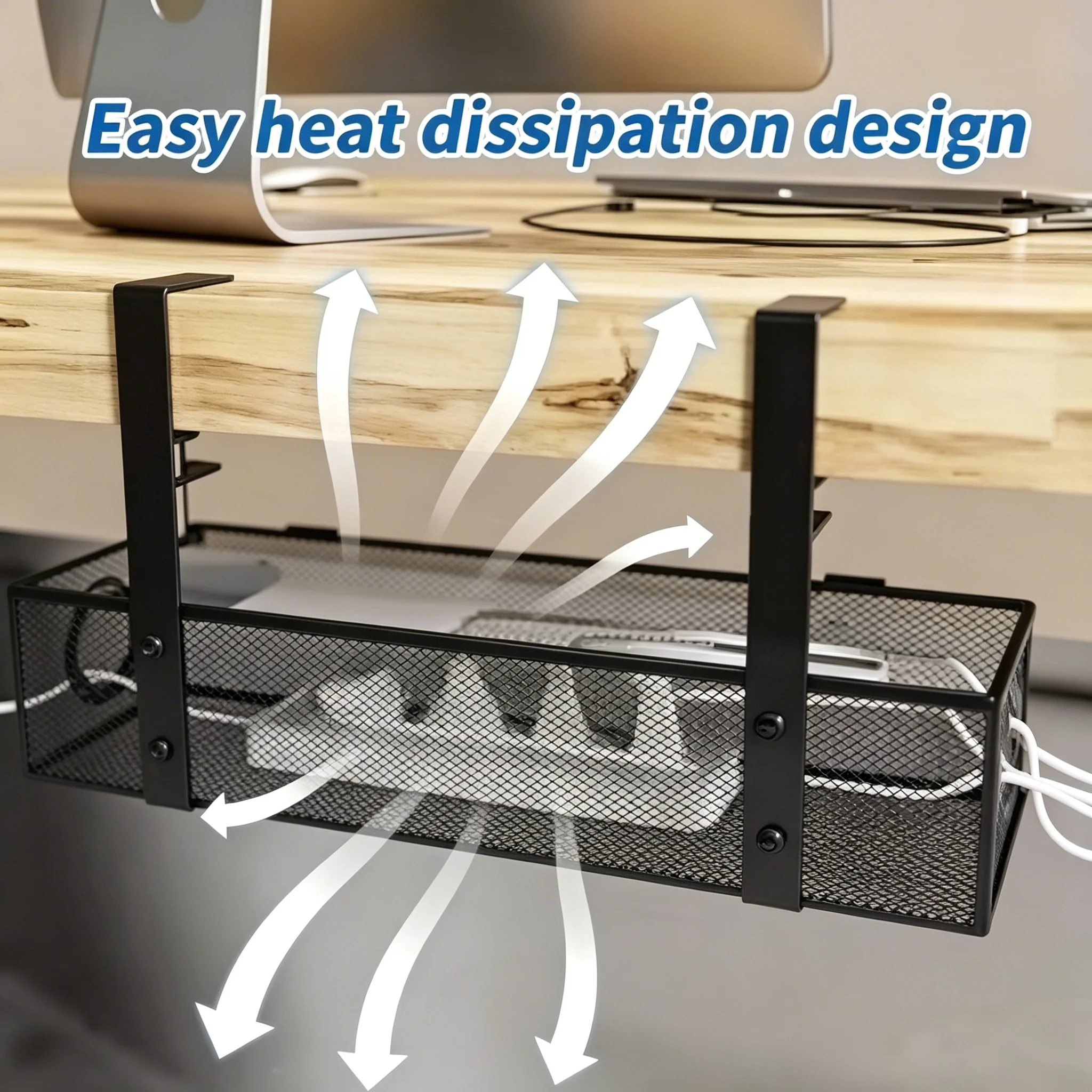 Under Desk Cable Management Tray, Black 1 Pack, Thin Steel Cord Organizer, No Drill Clamp Mount, Wire Management for Office Desk view 4
