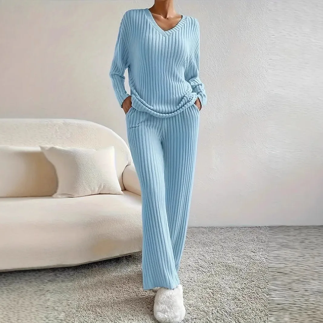 Autumn and Winter Set Home Fashion Casual Straight Leg Pants Loose Temperament V-Neck Pit Stripe Women's Pajamas Black 2PCS/Set