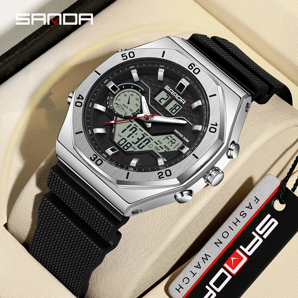 SANDA 6209 Men Waterproof Watches Quartz Countdown Three Local Time Digital Watch Alarm Electronic Wristwatch reloj de hombre