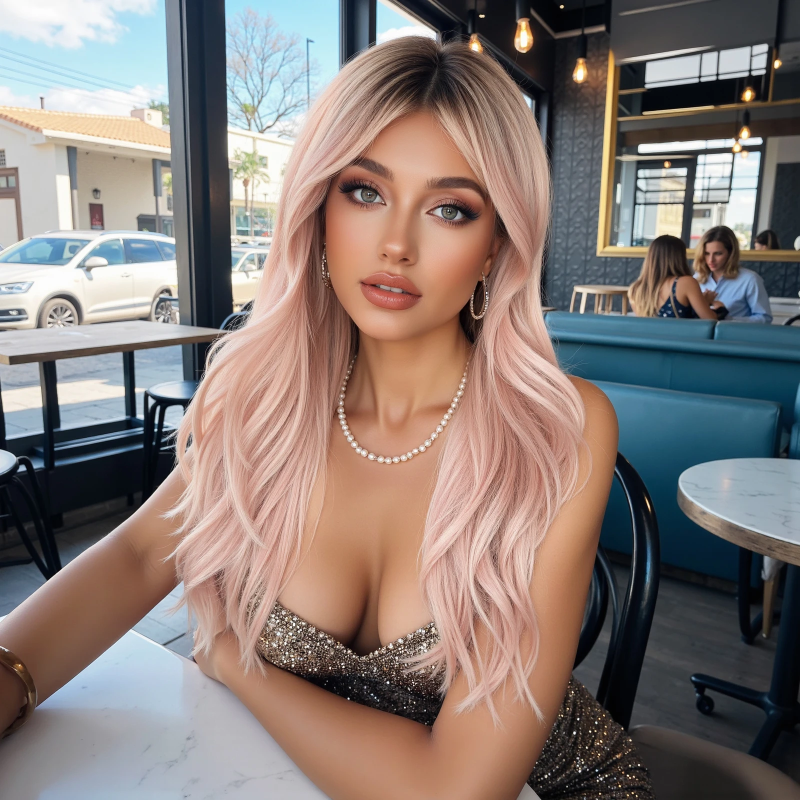 Light Pink Synthetic Wig with Dark Roots for Women Long Wavy Curly Hair Heat Resistant for Daily Party Cosplay Natural Fake Hair