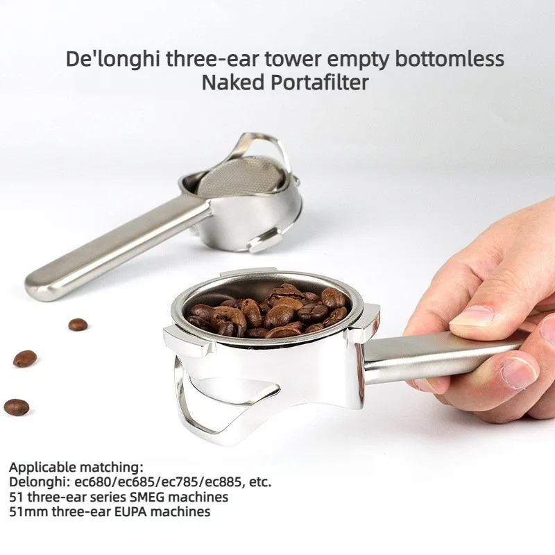 Delonghi 51mm Bottomless Portafilter 3-Ear Hollow Coffee Handle Stainless Steel Compatible with Delonghi EC680 / EC685 / EC890
