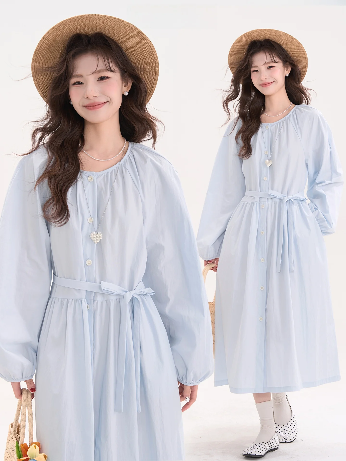 

Heme Spring Women's Loose Fit round Ne Dr Single Button Ele Midi Skirt Cotton Long Sve irt Dr for Dating