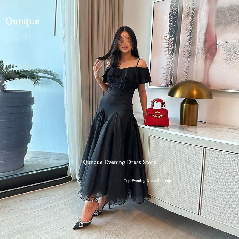 

Qunque Black Saudi Arabia Prom Dresses Spaghetti Straps Mermaid Evening Dresses With Lace Floor Length Party Dresses Vestido