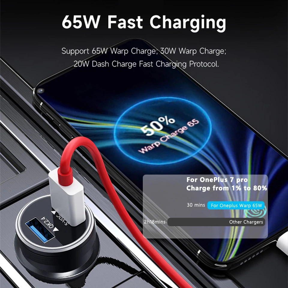 For Oneplus Car Charger 65W Auto Warp Charge 30W USB Dash Fast Charger Type C Cable For One Plus 10 9 Pro 9R 8 7T Nord CE 5G N30
