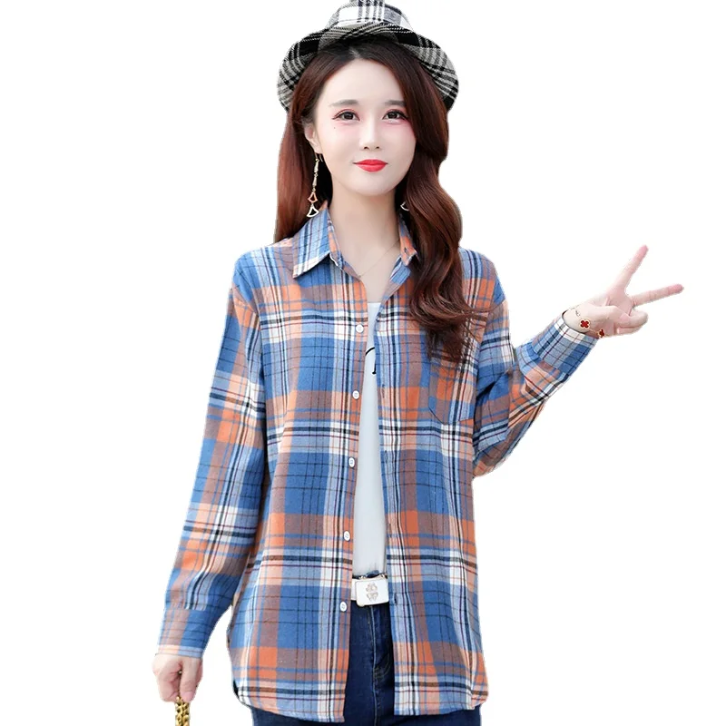 

New Women's Plaid Shirts Female Cotton Blouses Long Sleeve Checkered Shirt Slim Turn-down Collar Blusas Femininas Blusa Luxo