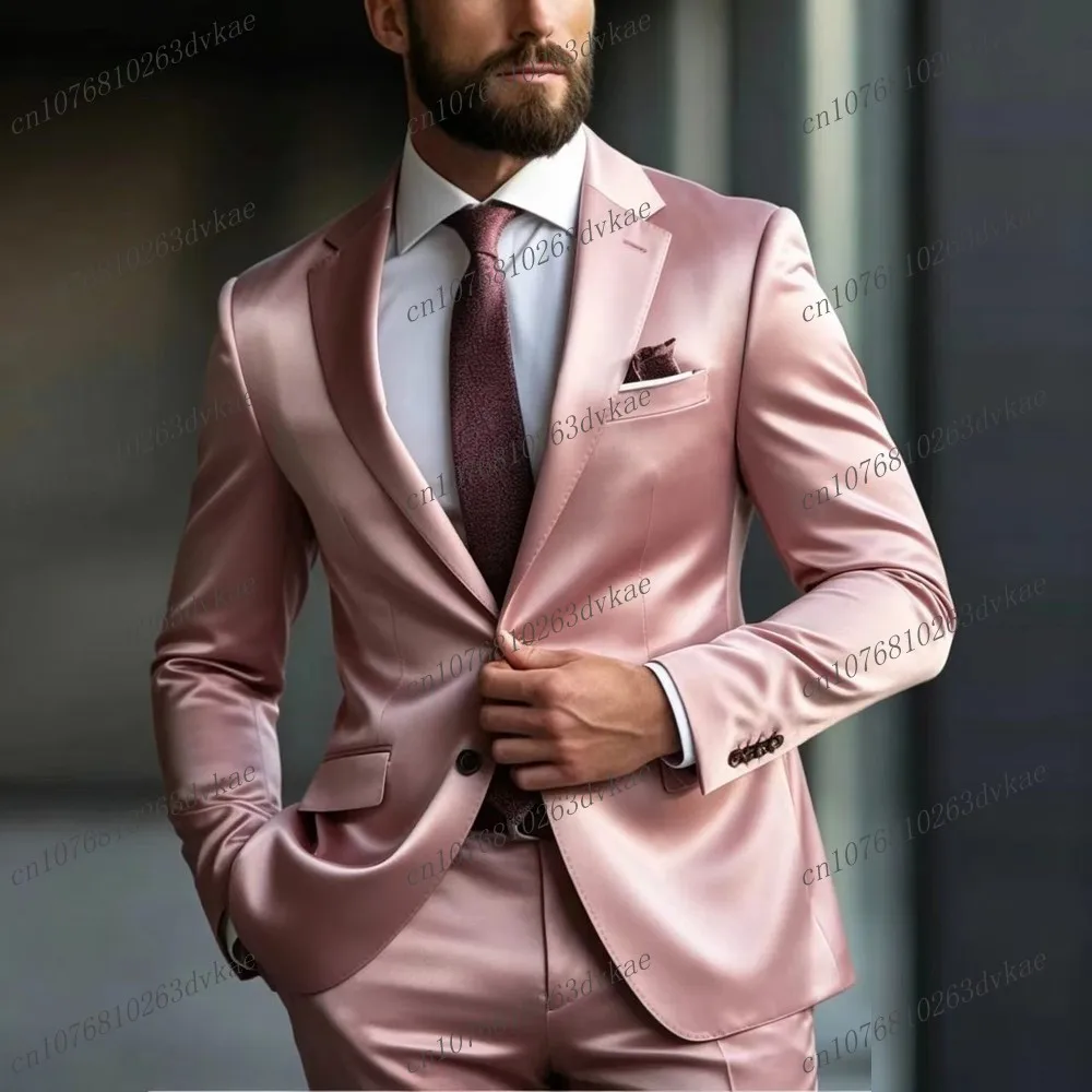 

Dark Pink Acetate Satin Men Suit Party Prom Special Business Groom Groomsman Wedding Male Tuxedos 2 Piece Set Blazer Pants
