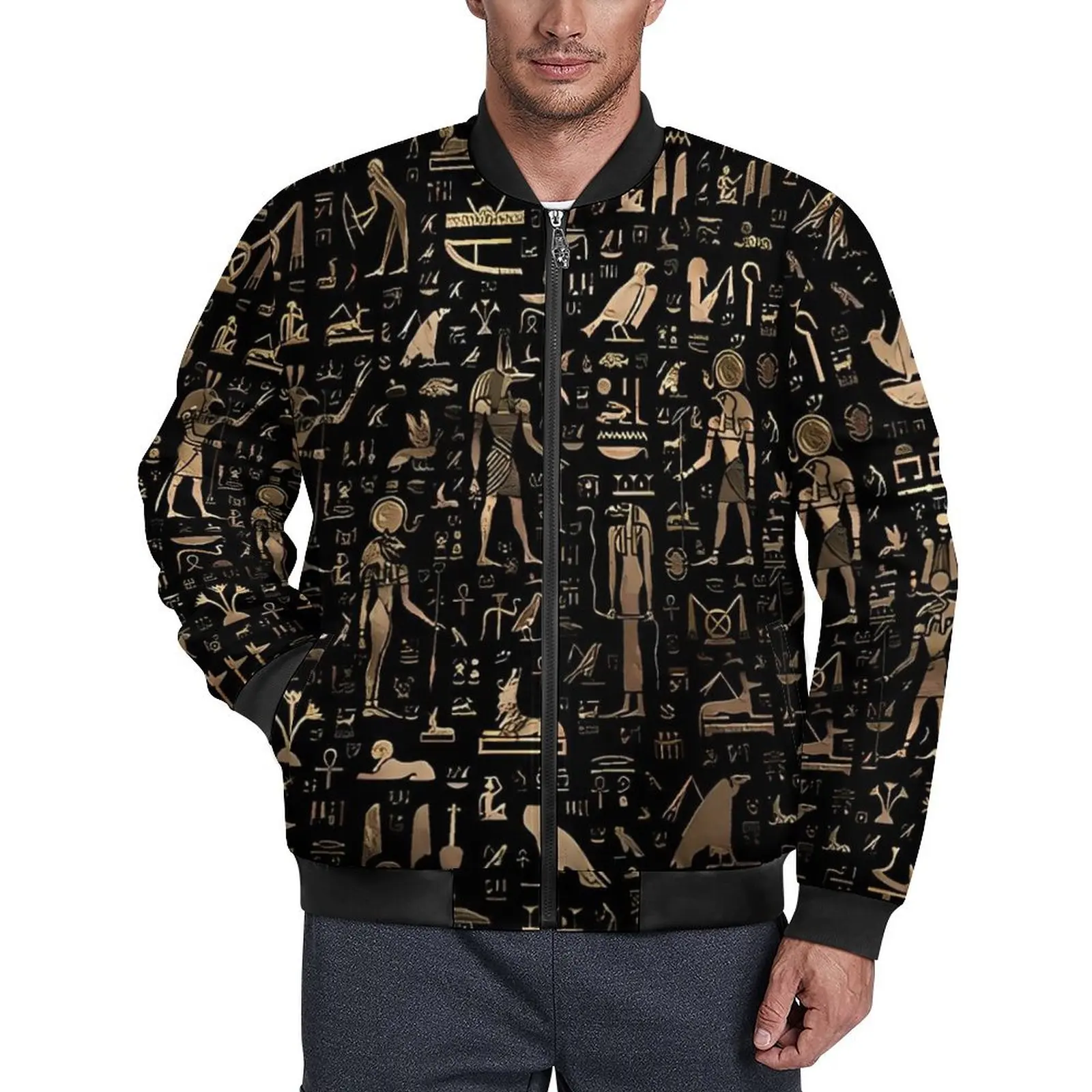 Ancient Egyptian Art Jackets Autumn Black and Gold Aesthetic Casual Coats Male Zipper Loose Windbreak Graphic Oversize Jacket