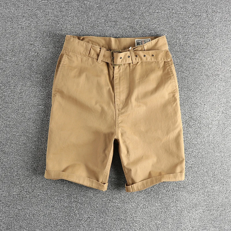 

Summer New American Retro Woven Twill Cargo Shorts Men's 100% Cotton Washed Casual Loose Straight Knee Length Pants with Belt