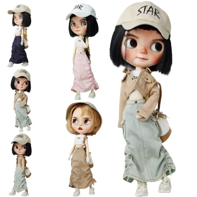 Doll Dress for Blythe Jeans Dress for Ob24 Ob22 Azone Doll Coat Denim Drawstring Skirt