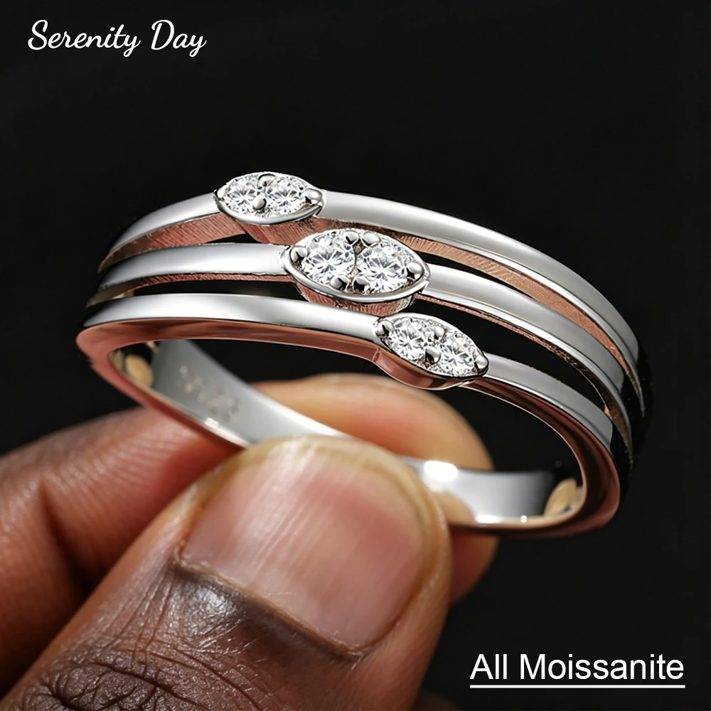 Serenity All Moissanite 3 Row Ring Certificate for Women Gift Sparkling D Color Wedding Rings Jewelry S925 Sterling Silver Bands