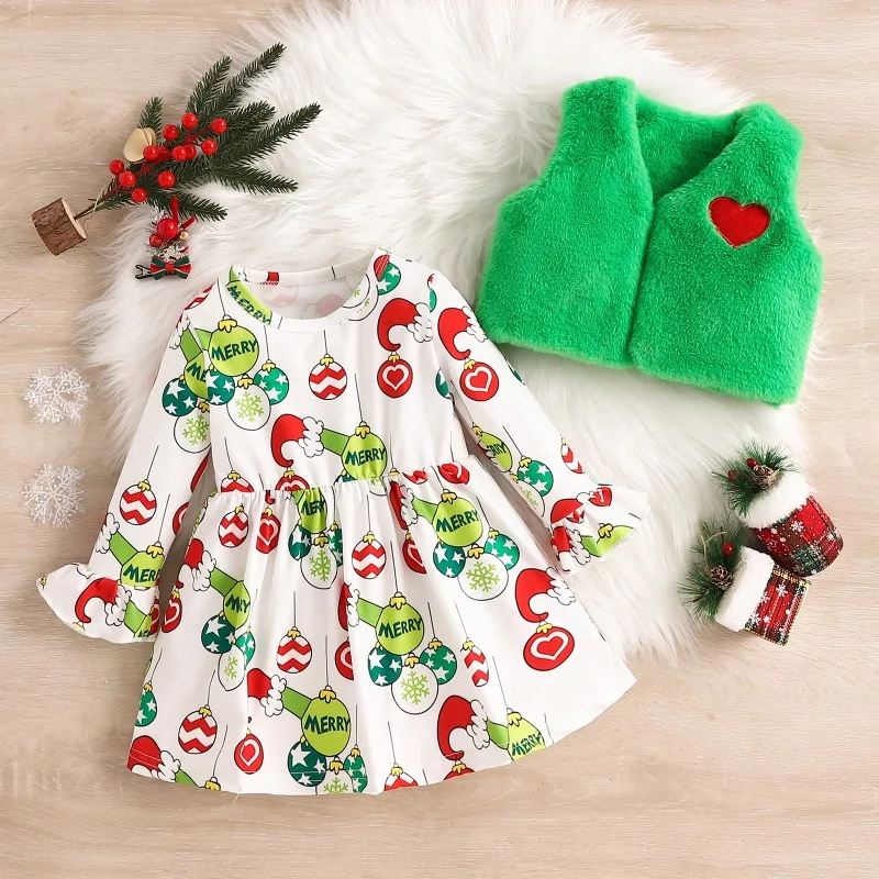 Newborn Infant Baby Girls Christmas Outfit Santa Tree Print Dress With Green Fluffy Vest Heart Holiday Clothes 0 24M