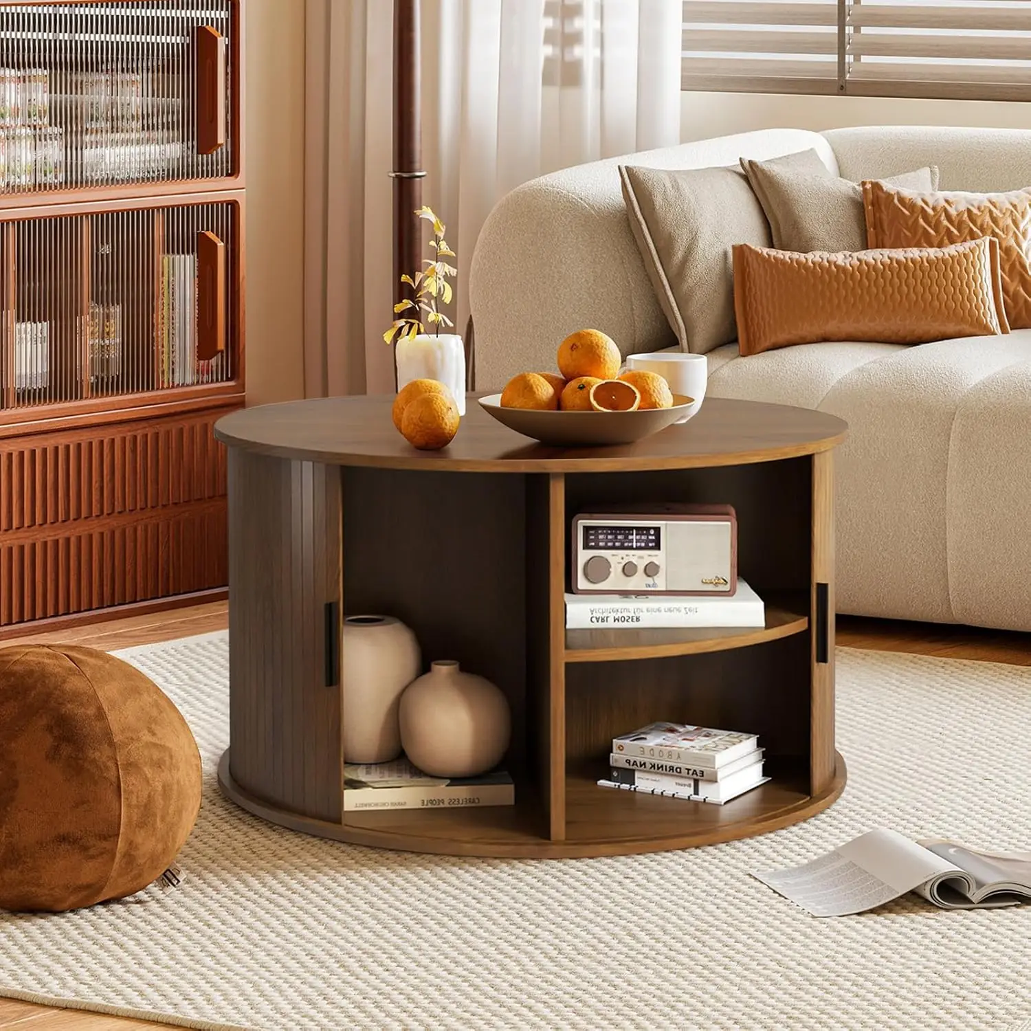 

Round Coffee Table With Storage, 31.5-inch With 4-Zone Storage 360° Curved Sliding Door, Fluted Wood Accent & Walnut Finish For