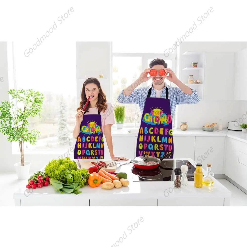 Font Alphabet Bib Apron Adjustable Neck Strap Cartoon Rainbow Alphabet Letters Set Polyester Work Apron Crafting BBQ Drawing