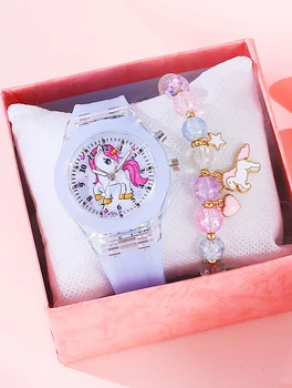 Montre numérique licorne en silicone violet mignon, 5 pièces, ensemble de bracelets licorne en acrylique, cadeau sans boîte cadeau