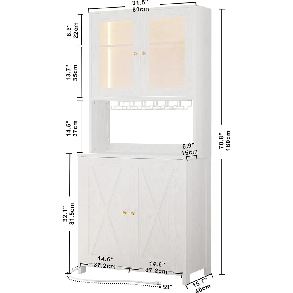 71” Coffee Bar Cabinets with LED Light, Power Strip and Glass Holder, Tall Freestanding Liquor Cabinet